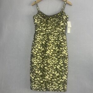 Maggy London Dress Sz 2‎ Green Gold Leaf Beaded Cocktail Party Career